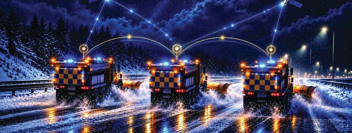 Three snow plows working in echelon on a highway at night. Lines from GPS satellites reach each truck.