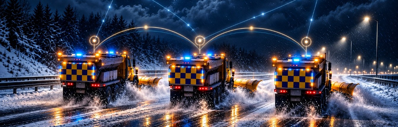 Three snow plows side by side on a snowy highway at night with amber and blue warning lights