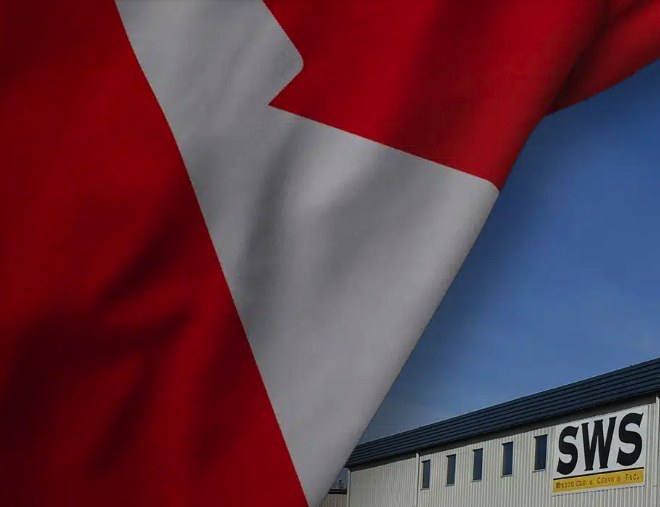 The Canadian flag flying beside the SWS Warning Lights building in Niagara Falls, Ontario